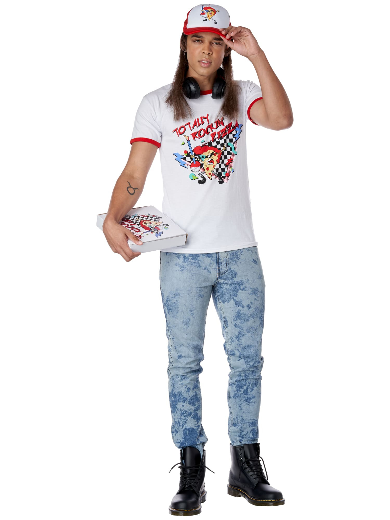 Rockin Pizza Dude 90s Delivery Driver Mullet Adult Mens Hat Wig & Costume