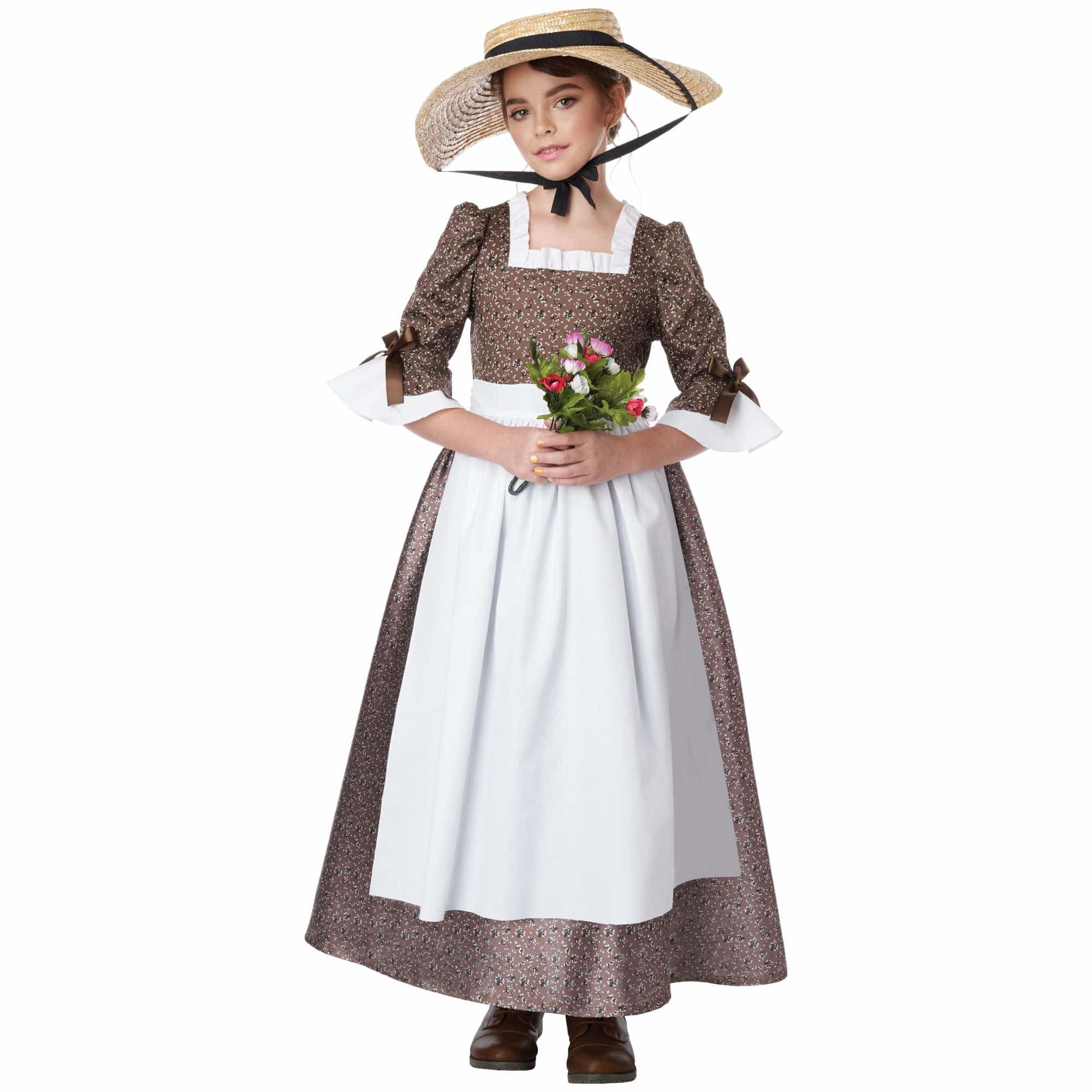 American Colonial Dress Pioneer Pilgrim Victorian Olden Day Girls Costume