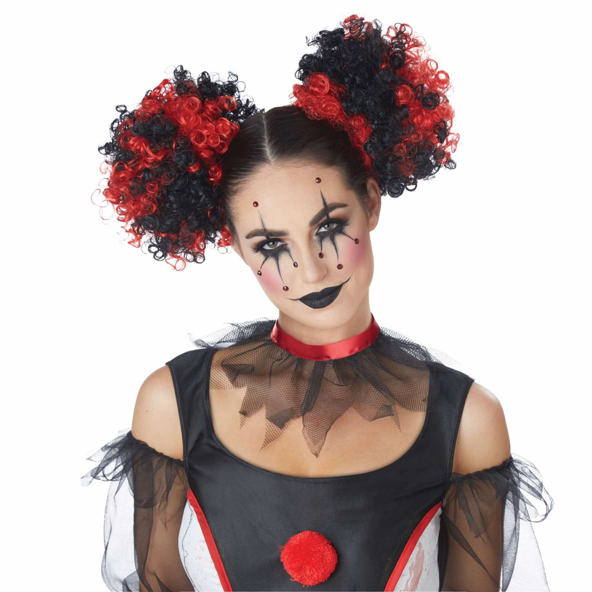 Clown Evil Jester Joker Black Mardi Gras Womens Costume Tight Curly Puffs Wig