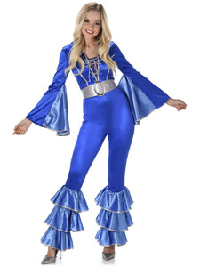 Blue Disco Jumpsuit 70s Dancing Queen Hippie Retro Adult Womens Costume Plus XL Blue Disco Jumpsuit 70s Dancing Queen Hippie Retro Adult Womens Costume Plus XL