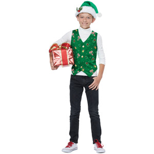 Holiday Green Christmas Elf Unisex Child Boys Girls Costume Vest Hat Kit
