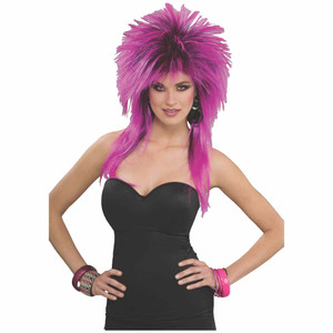 Magenta Pink Black Pizazz Mullet 80s Womens Wig Magenta Pink Black Pizazz Mullet 80s Womens Wig