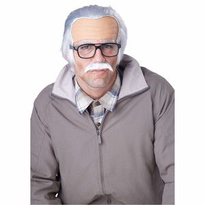 Rude Grandpa Old Man Bald Baldy Grey Professor Men Costume Wig & Moustache