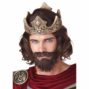 Medieval King Arthur Brown Men Costume Wig Beard Mustache