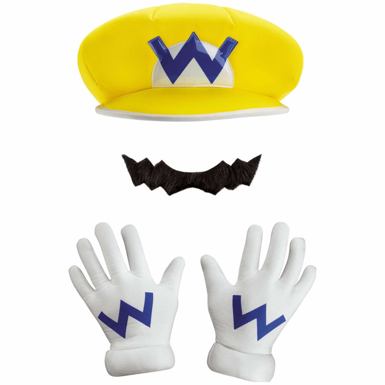 Wario Super Mario Deluxe Video Game Mens Costume Hat Gloves Moustache Kit