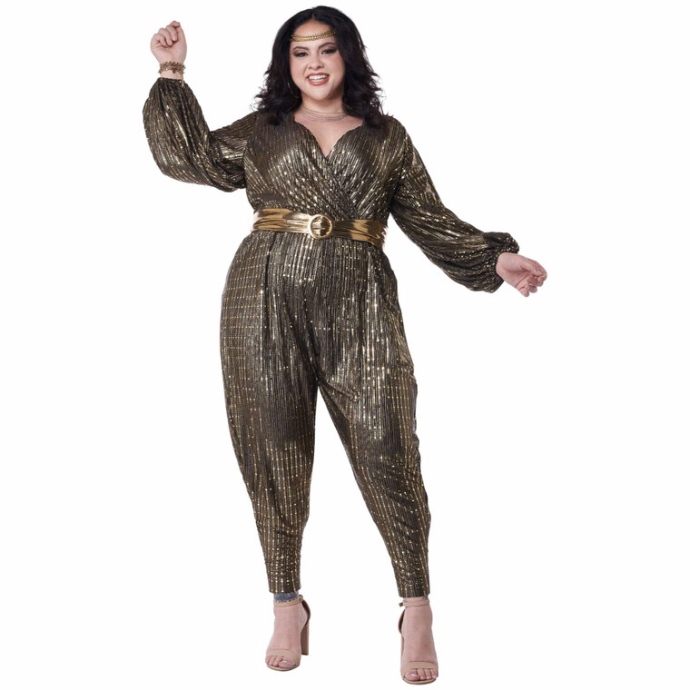 Gold Disco Queen 70s 1970s Jumpsuit Dance Retro Adult Womens Costume Plus