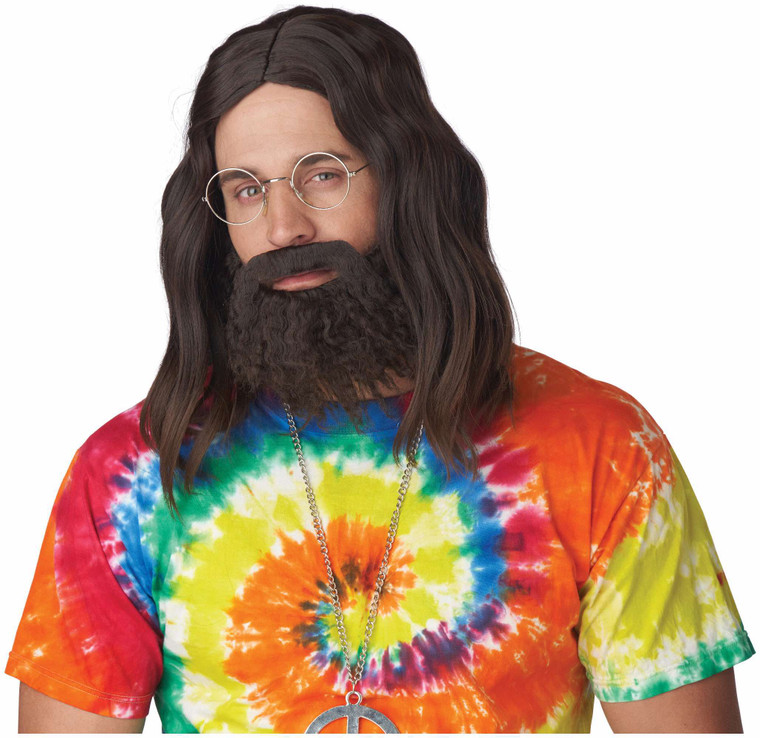 Roll It Up 70s Hippie Black Mens Wig and Beard