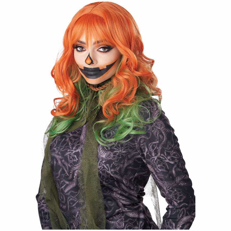 Pumpkin Blossom Orange Green Long Wavy Womens Wig