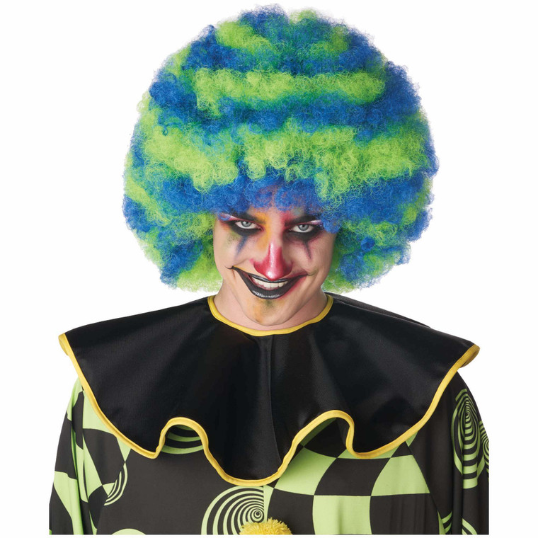Spiral Clown Horror Neon Green Blue Two Tone Afro Adult Unisex Wig