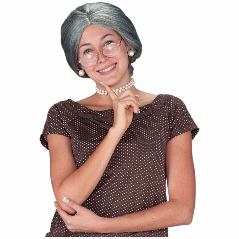 Granny or Mrs Claus Grey Womens Wig with Bun