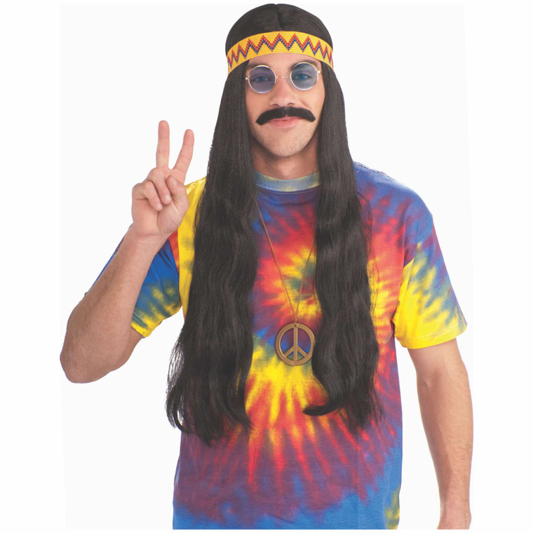Hippie Dude 70s Long Black Mens Wig with Headband