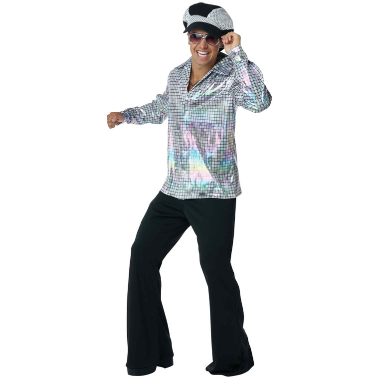 70s Disco Silver Mirrorball Mens Costume Shirt & Hat Set