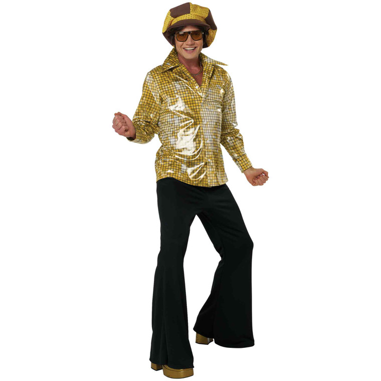 70s Disco Gold Mirrorball Mens Costume Shirt & Hat Set
