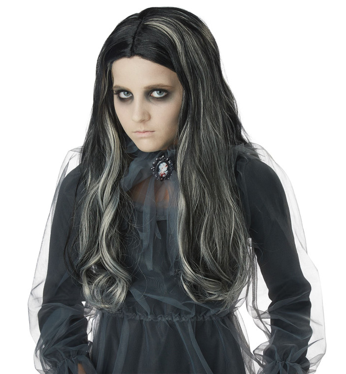 Bloody Mary Ghost Phantom Spirit Long Black Grey Halloween Girls Costume Wig