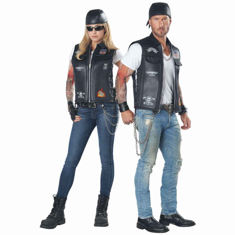 Biker Badazz Rider Rocker 80s Gangster Adult Mens Costume Tattoo Vest & Cap