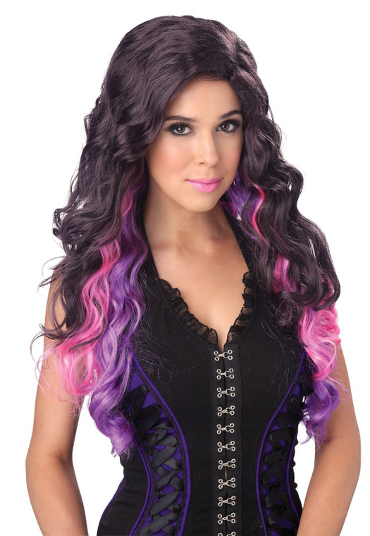 Color Cascade Fairy Witch Gothic Pink Brown Purple 80s Rock Women Costume Wig
