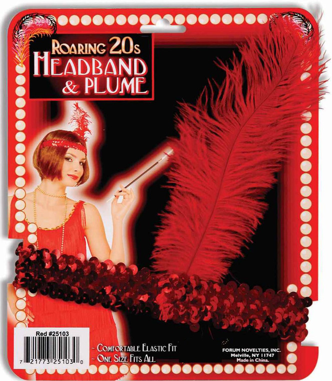 Flapper 20s Red Sequin Feathers Womens Costume Headband & Plume Headpiece