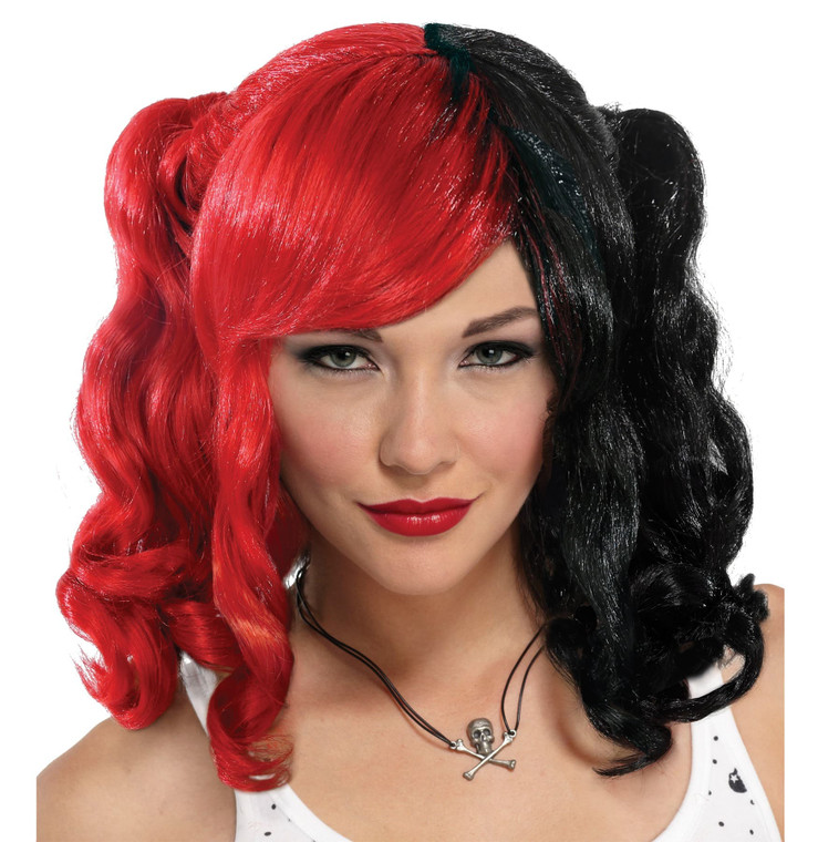 Gothic Lolita Black Red Pigtails Jester Clown Women Costume Wig