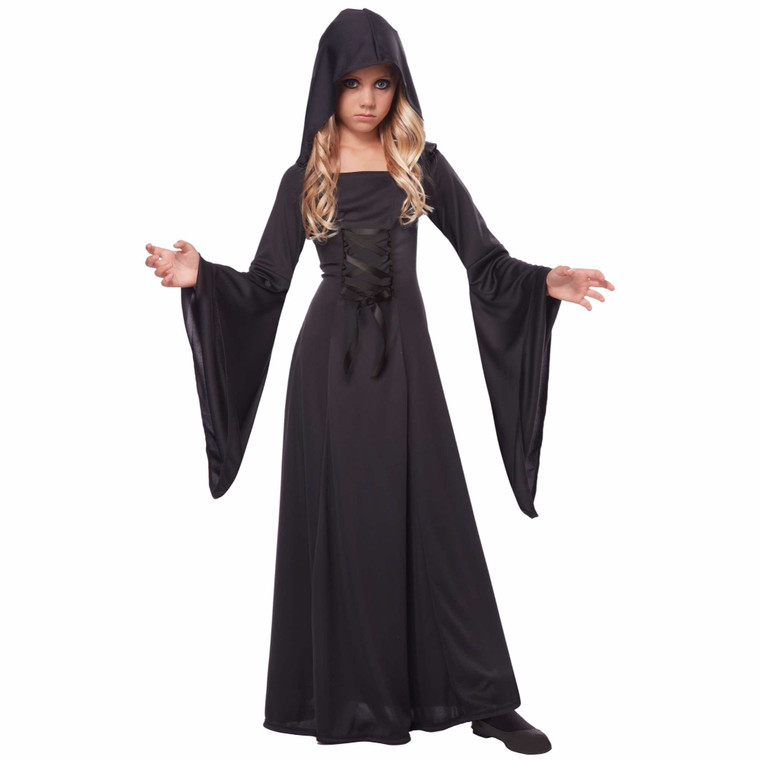 Black Hooded Robe Witch Sorceress Vampire Gothic Medieval Ghost Girls Costume
