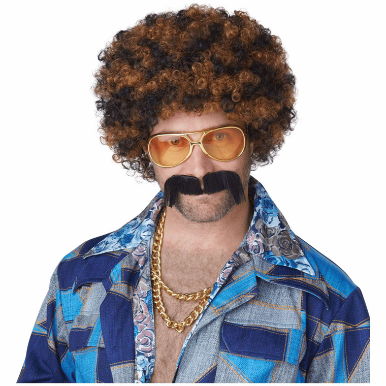 Disco Dirt Bag Black Brown Afro 1970s 1960s Hippie Men Costume Wig Moustache
