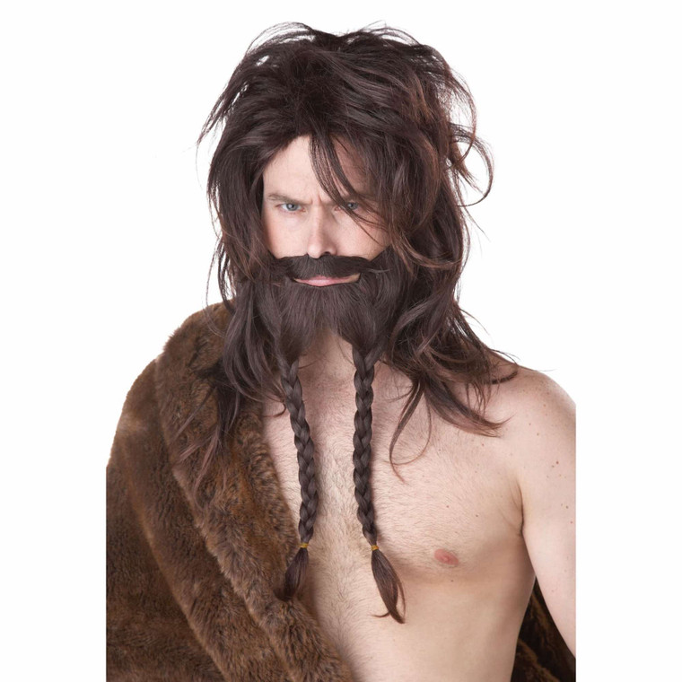 Viking Barbarian Dwarf Brown Men Costume Wig Beard & Moustache