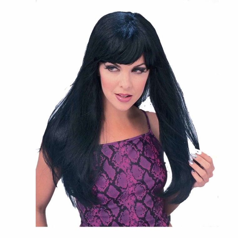 Glamour Black Fringed Deluxe Long Hair Black Women Costume Wig
