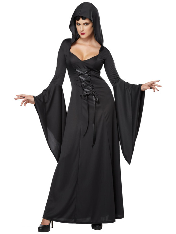 Deluxe Hooded Robe Black Gothic Witch Vampire Adult Womens Costume