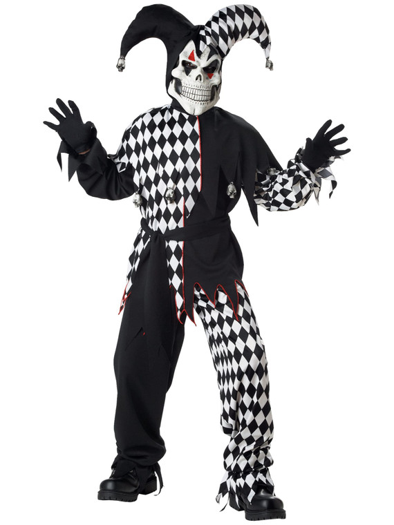 Evil Jester Mardi Gras Black White Joker Horror Clown Halloween Boys Costume