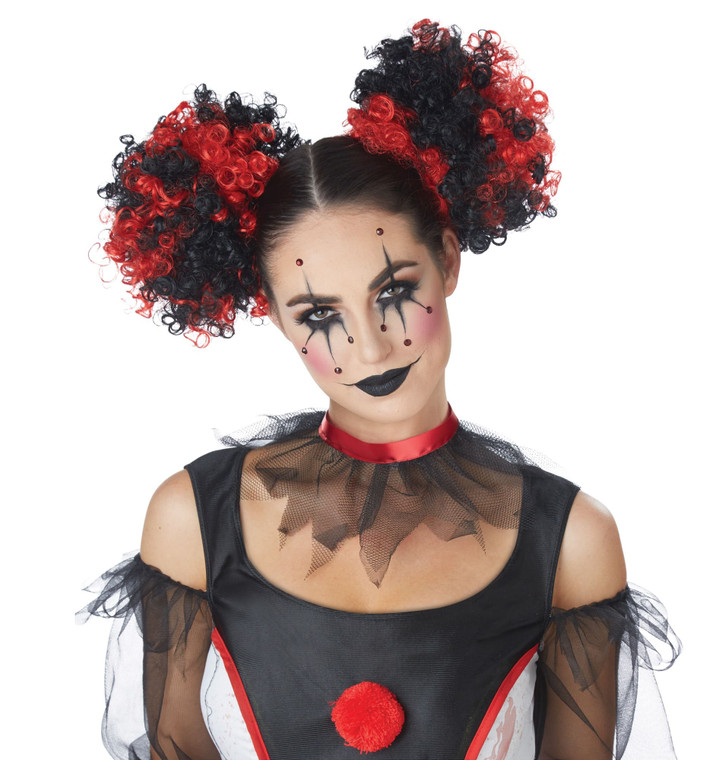 Clown Evil Jester Joker Black Mardi Gras Womens Costume Tight Curly Puffs Wig