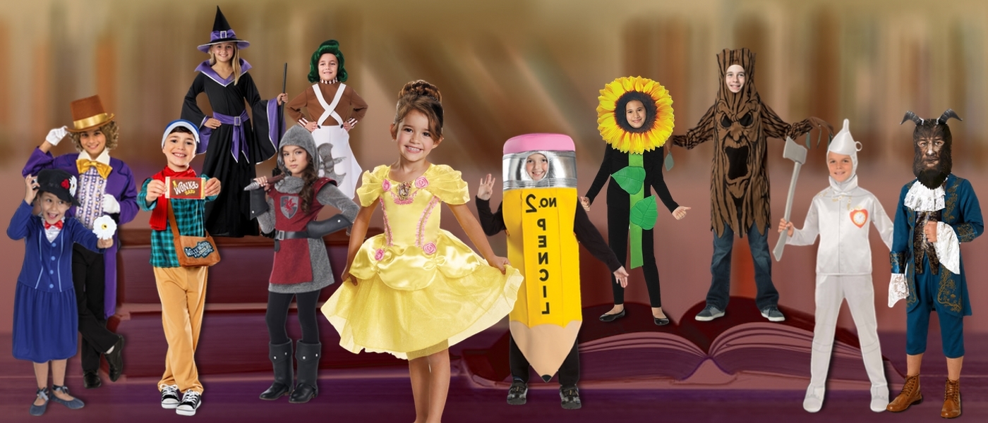 Collection of vibrant Book Week costumes for kids in Australia, featuring various popular book characters ready for dress-up.