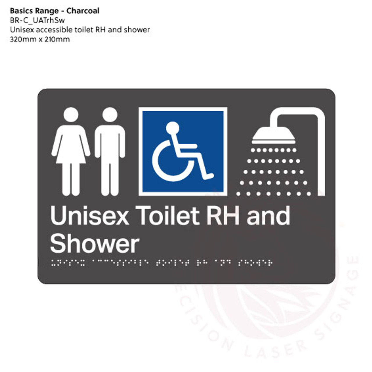 Basics Range - Charcoal Braille Signs - Unisex Accessible Toilet RH and Shower