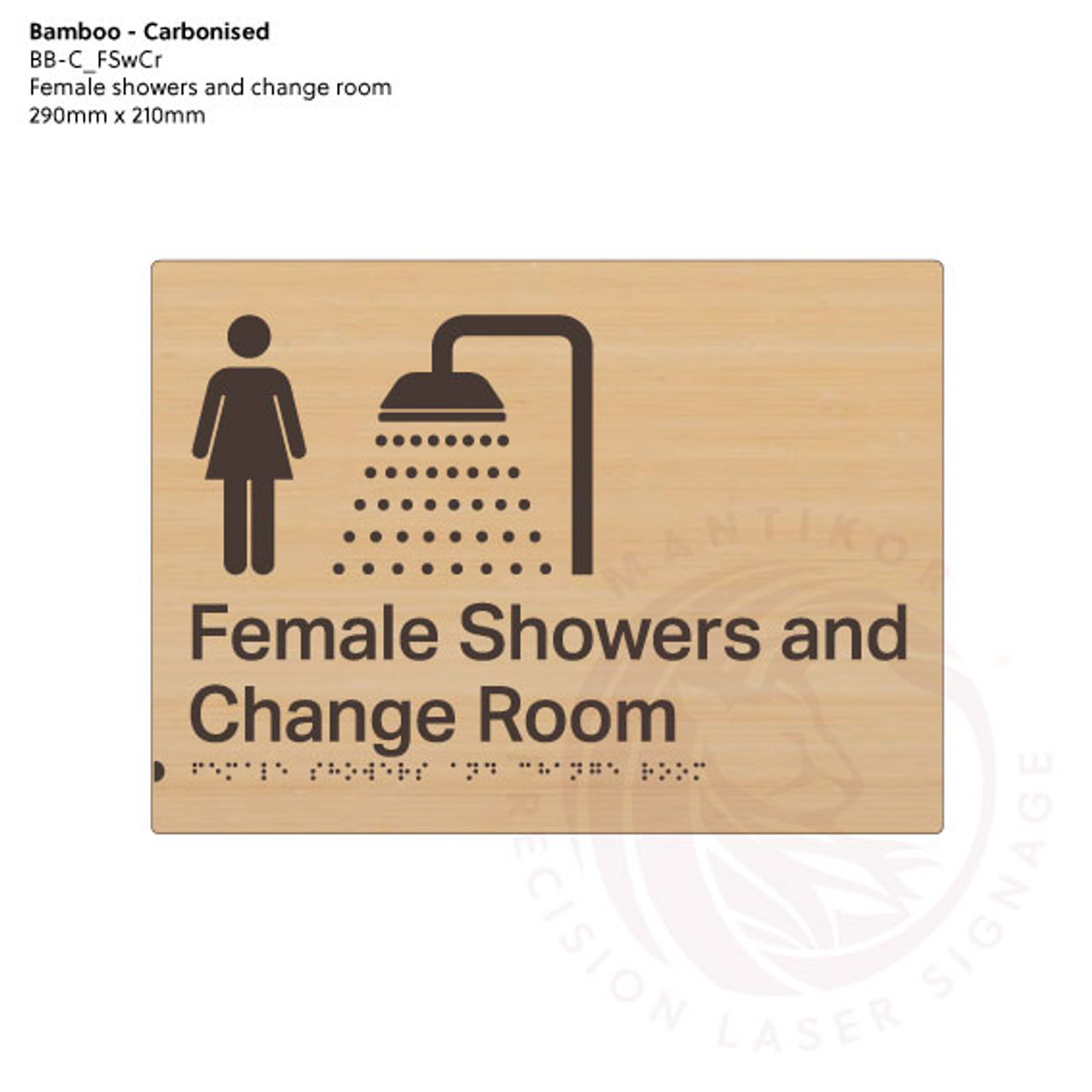 Carbonised Bamboo Tactile Braille Signs - Female Showers and Change Room