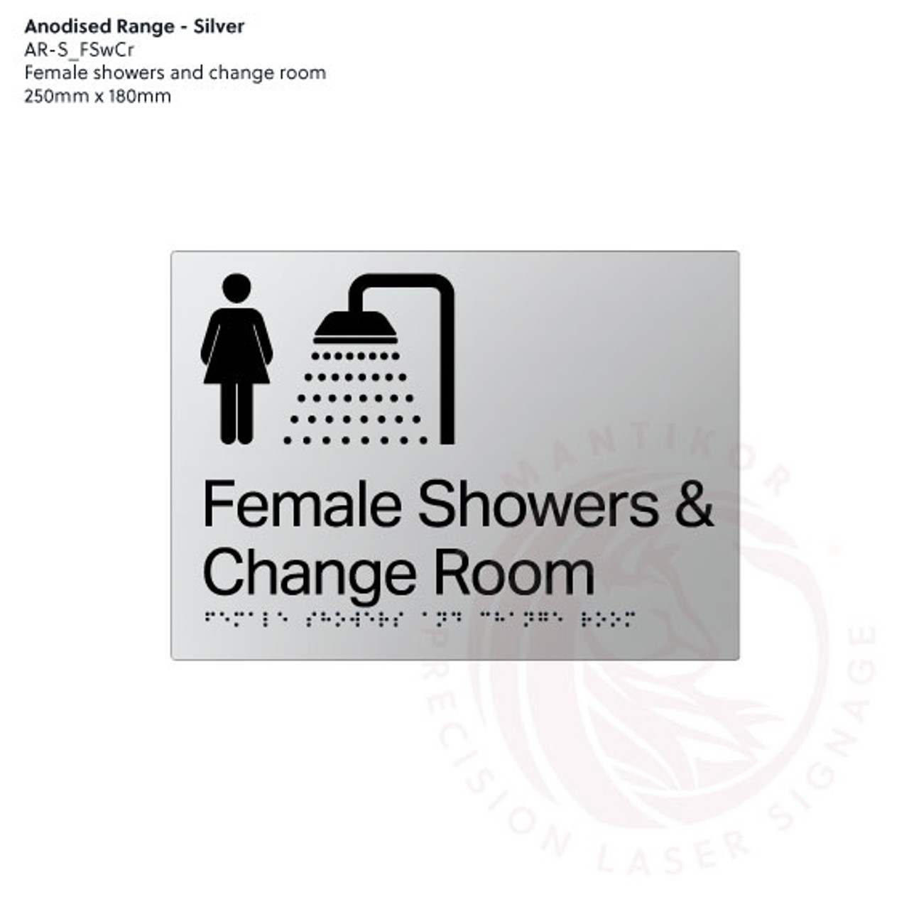 Satin Silver Anodised Aluminium Braille Signs - Female Showers & Change Room