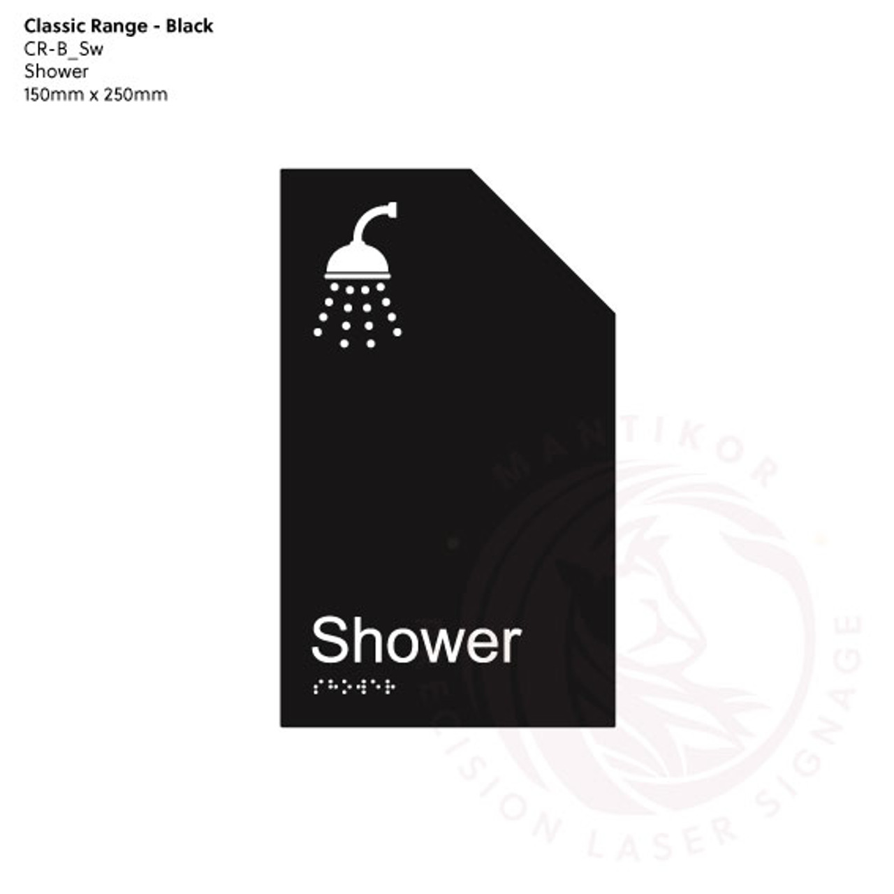 Classic Range - Matte Black Acrylic Braille Signs - Shower