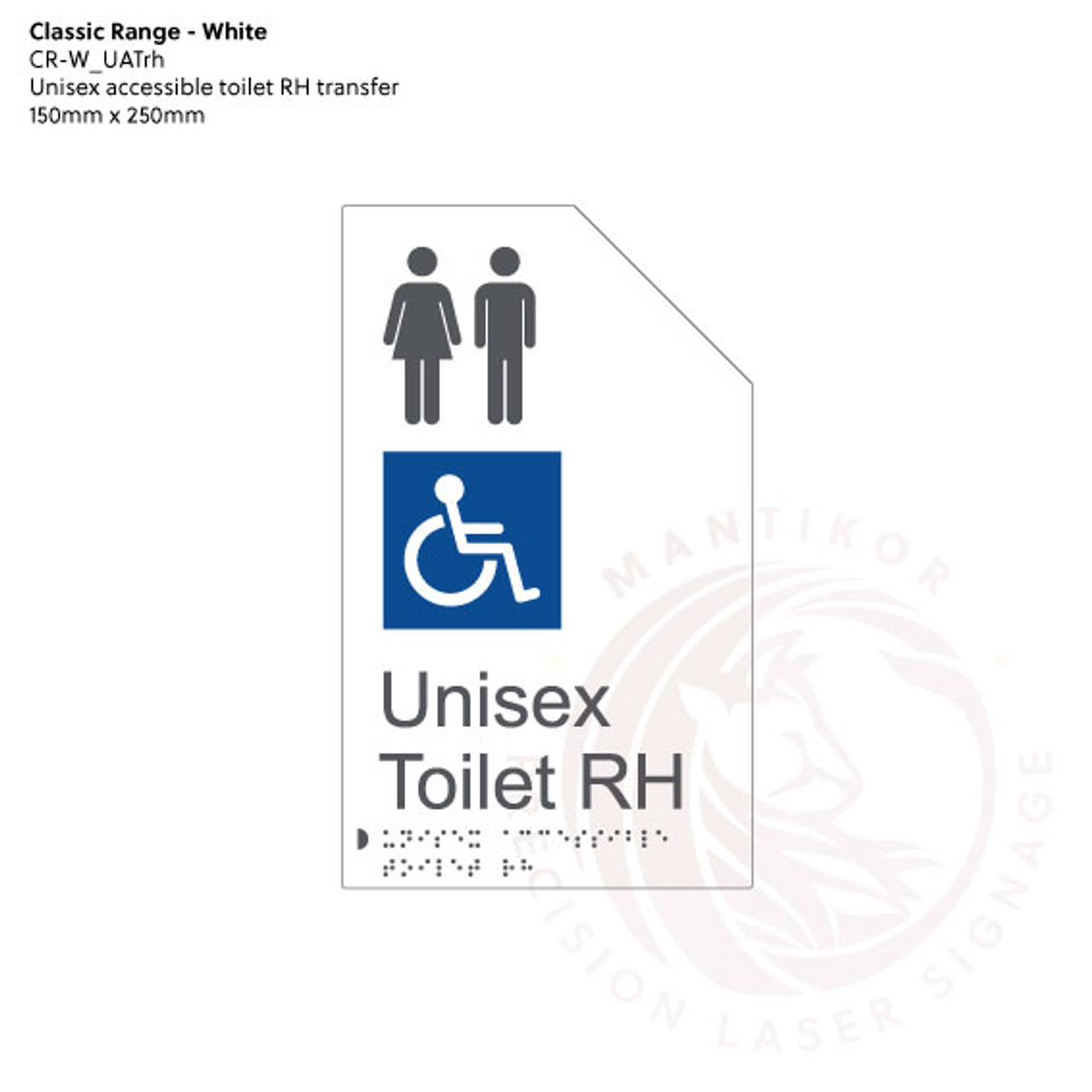 Classic Range - Matte White Acrylic Braille Signs - Unisex Accessible Toilet RH