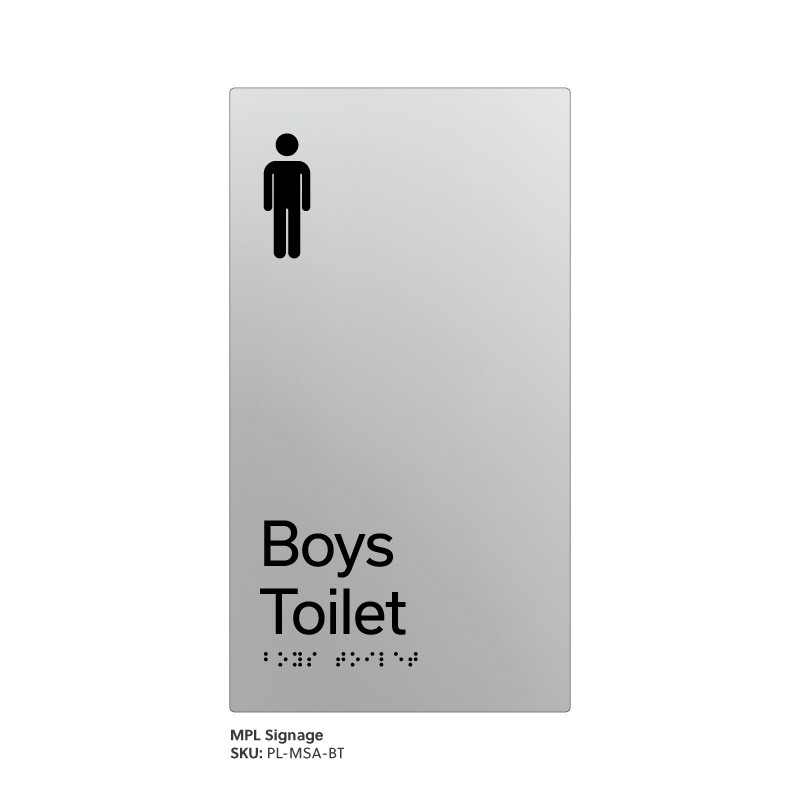 Pillar Range - Matte Silver Acrylic Braille Signs - Boys Toilet