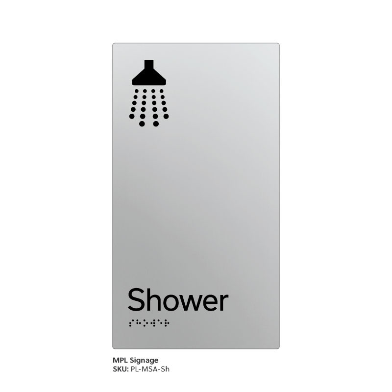 Pillar Range - Matte Silver Acrylic Braille Signs - Shower