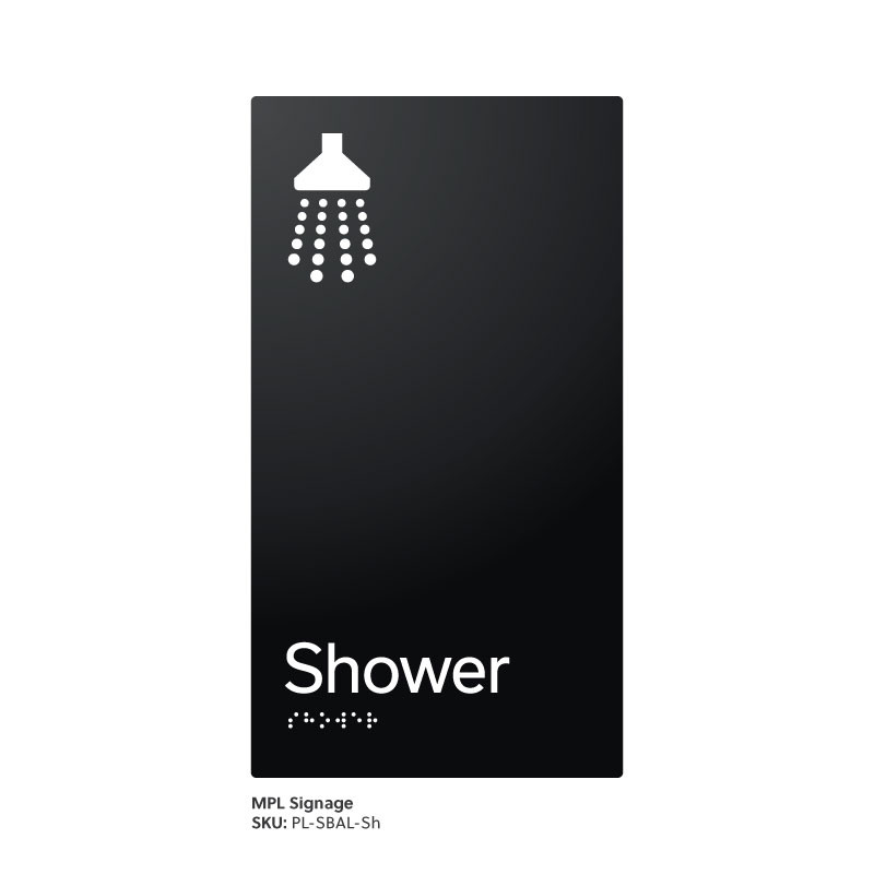 Pillar Range - Satin Black Anodised Aluminium Braille Signs - Shower