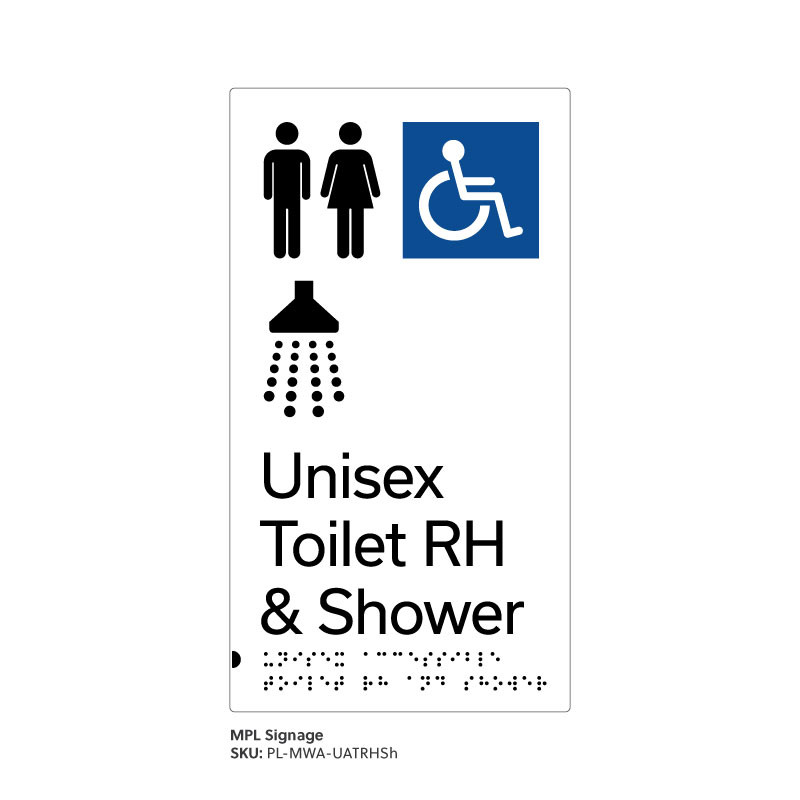 Pillar Range - Matte White Acrylic Braille Signs - Unisex Accessible Toilet RH and Shower