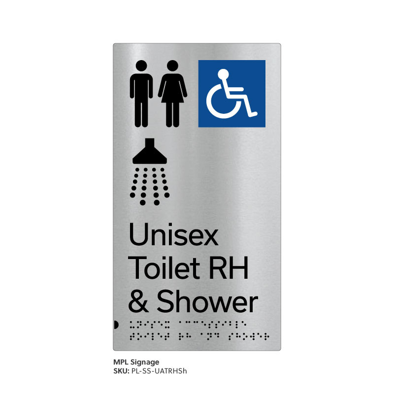 Pillar Range - Matte Brushed Stainless Steel Braille Signs - Unisex Accessible Toilet RH and Shower