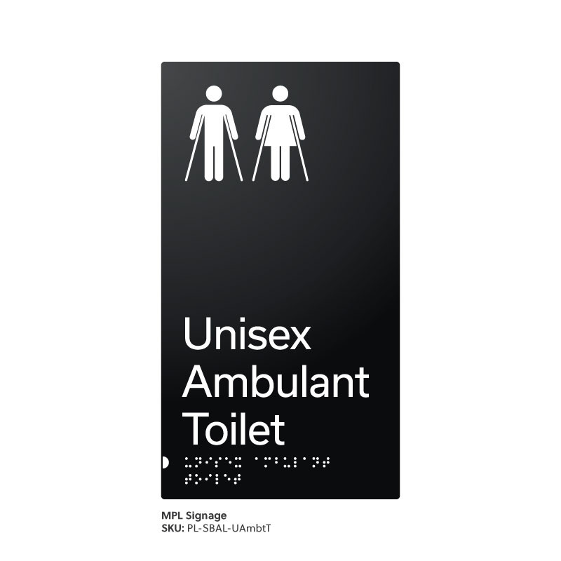 Pillar Range - Satin Black Anodised Aluminium Braille Signs - Unisex Ambulant Toilet