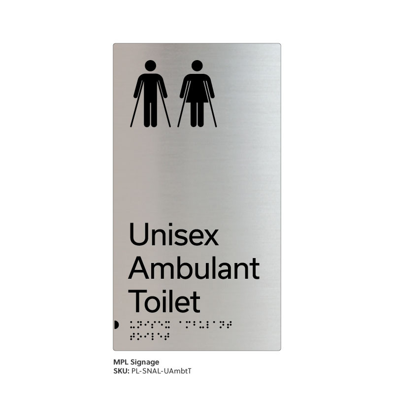 Pillar Range - Satin Natural Anodised Braille Signs - Unisex Ambulant Toilet