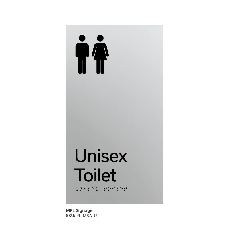 Pillar Range - Matte Silver Acrylic Braille Signs - Unisex Toilet