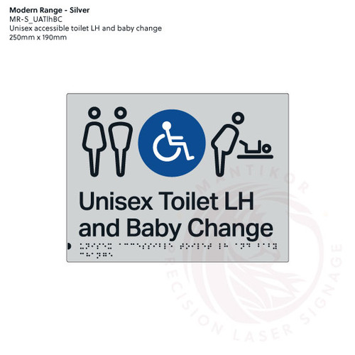 Modern Range - Silver Acrylic Braille Signs - Unisex Accessible Toilet LH and Baby Change