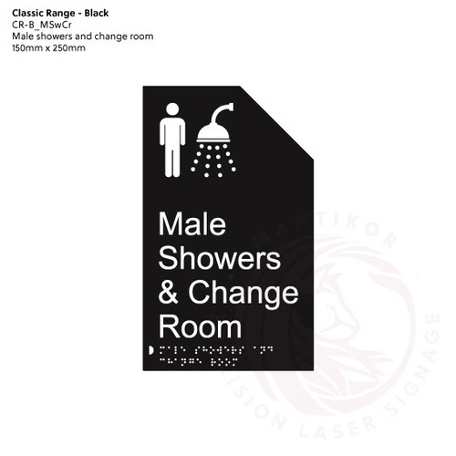 Classic Range - Matte Black Acrylic Braille Signs - Male Showers and Change Room