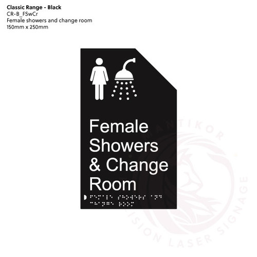 Classic Range - Matte Black Acrylic Braille Signs - Female Showers and Change Room