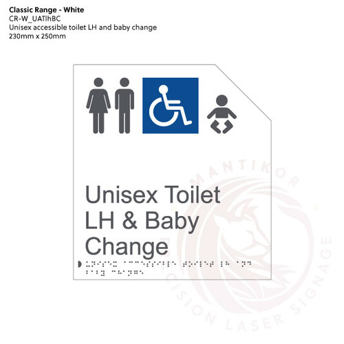 Classic Range - Matte White Acrylic Braille Signs - Unisex Accessible Toilet LH and Baby Change