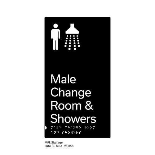 Pillar Range - Matte Black Acrylic Braille Signs - Male Change Room and Showers