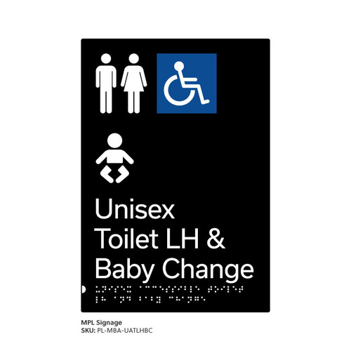 Pillar Range - Matte Black Acrylic Braille Signs - Unisex Accessible Toilet LH and Baby Change