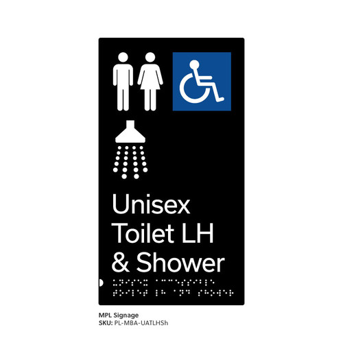 Pillar Range - Matte Black Acrylic Braille Signs - Unisex Accessible Toilet LH and Shower